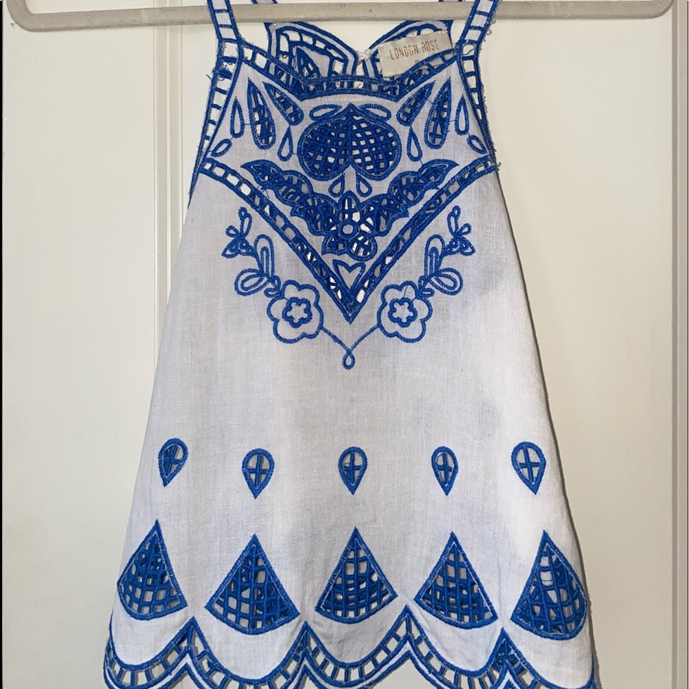 London Rose White and blue embroidered tank top.